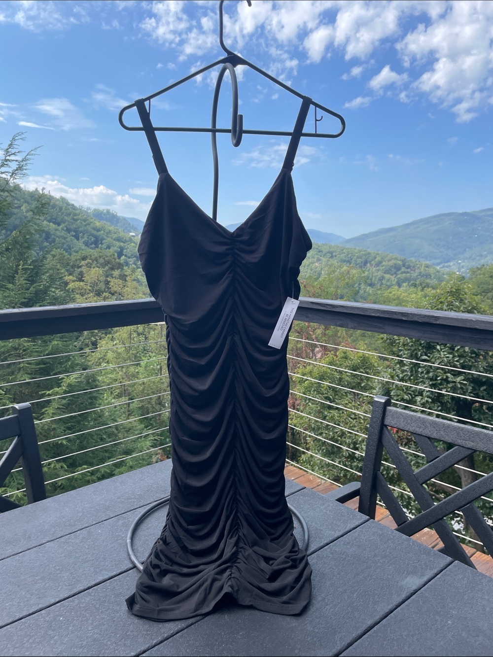 VENUS Black Gathered-Front Slip Midi Dress